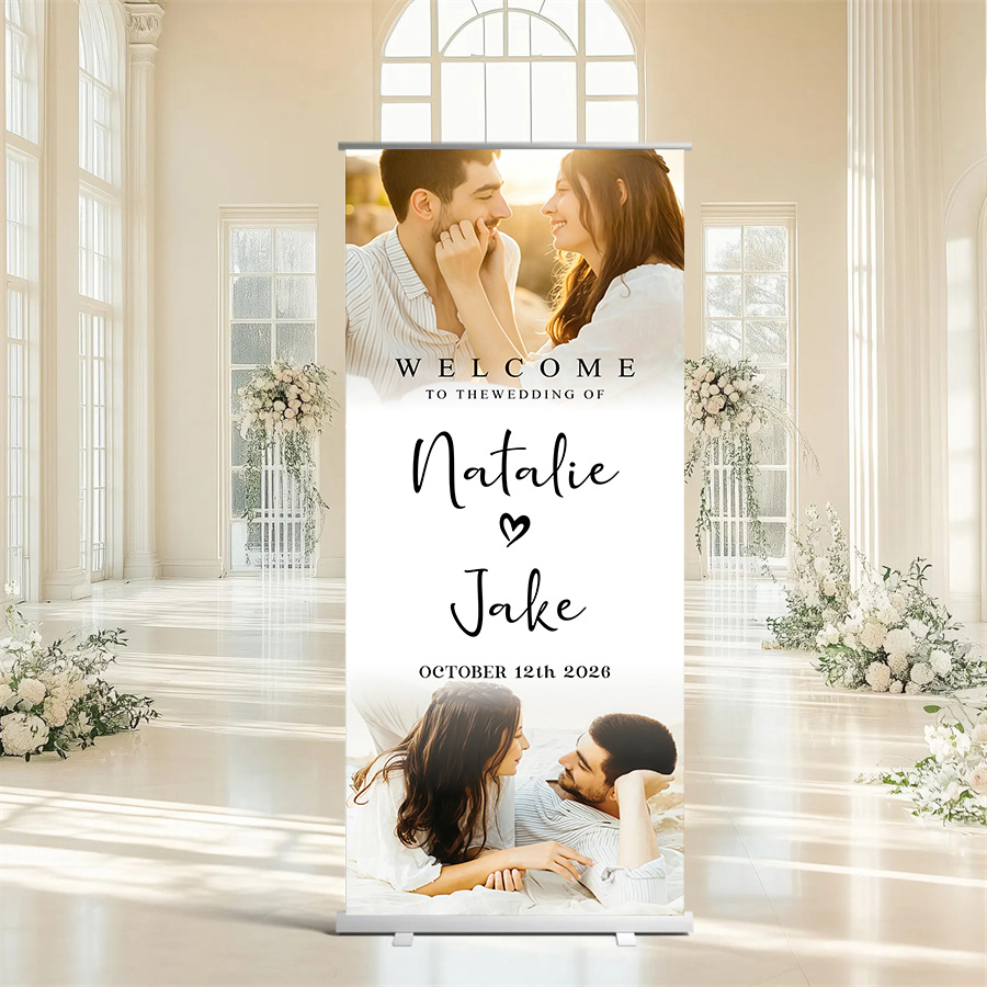 Customized wedding retractable banners - personalized photo wedding welcome signs, reception decorations and background curtains